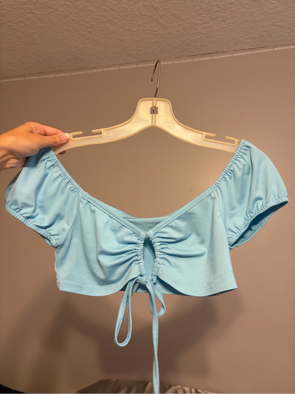 SHEIN Sky Blue Ruched Tie-Front Crop Top